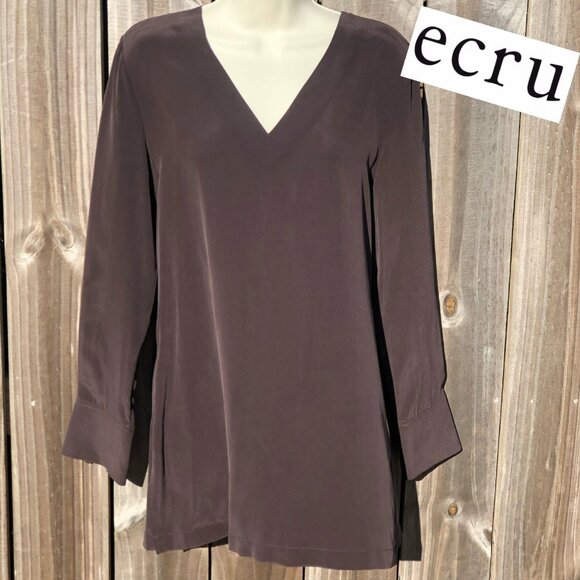 Ecru Medium Silk Blouse Top Brown V Neck Long Sleeve Pleated Button Cuffs - Picture 1 of 8